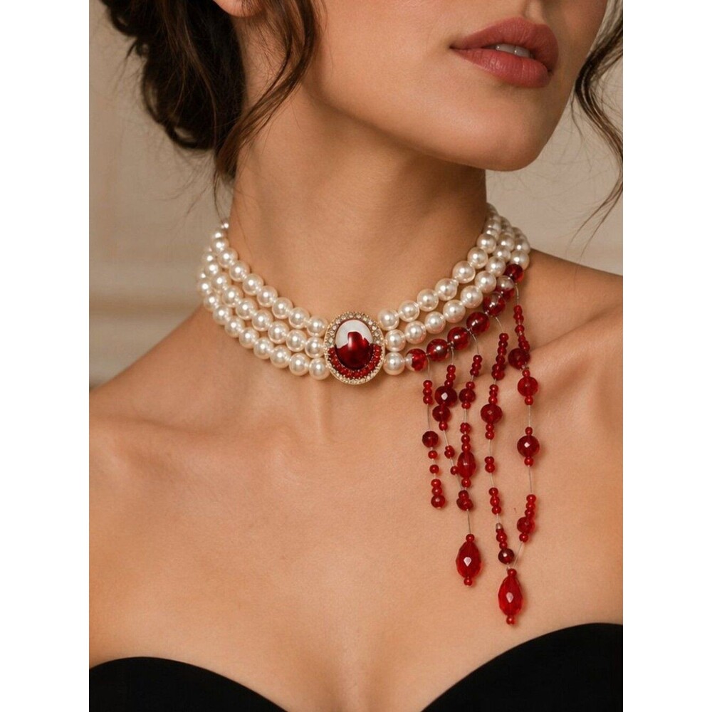 ✨ Blood Red Crystal Pearl Choker Necklace Gothic Statement